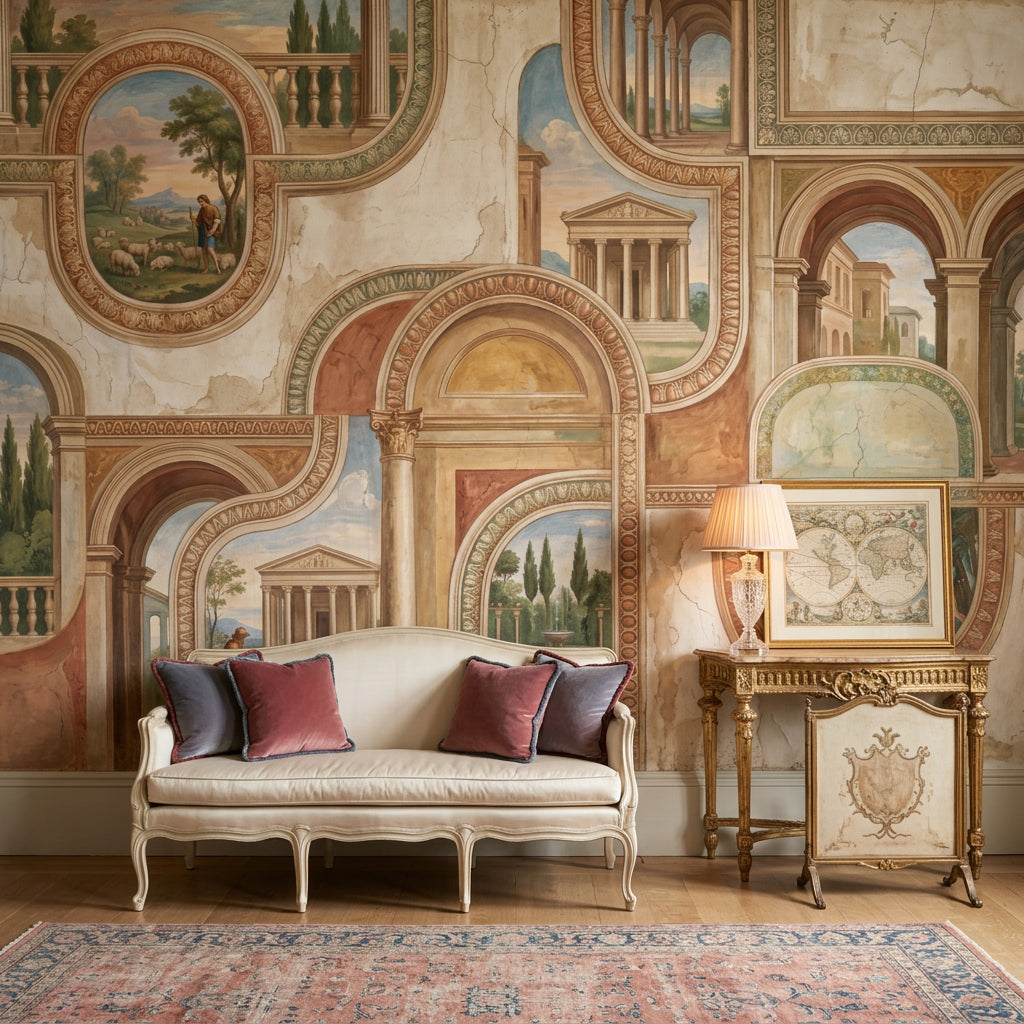 Classical Fresco Wallpaper Roman Architecture Removable Arched Colonnade Wall Decor