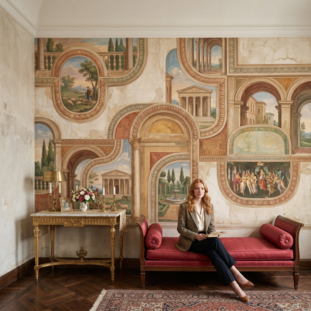 Classical Fresco Wallpaper Roman Architecture Removable Arched Colonnade Wall Decor