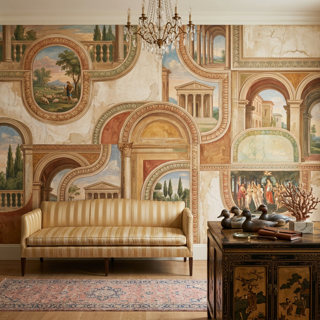 Classical Fresco Wallpaper Roman Architecture Removable Arched Colonnade Wall Decor