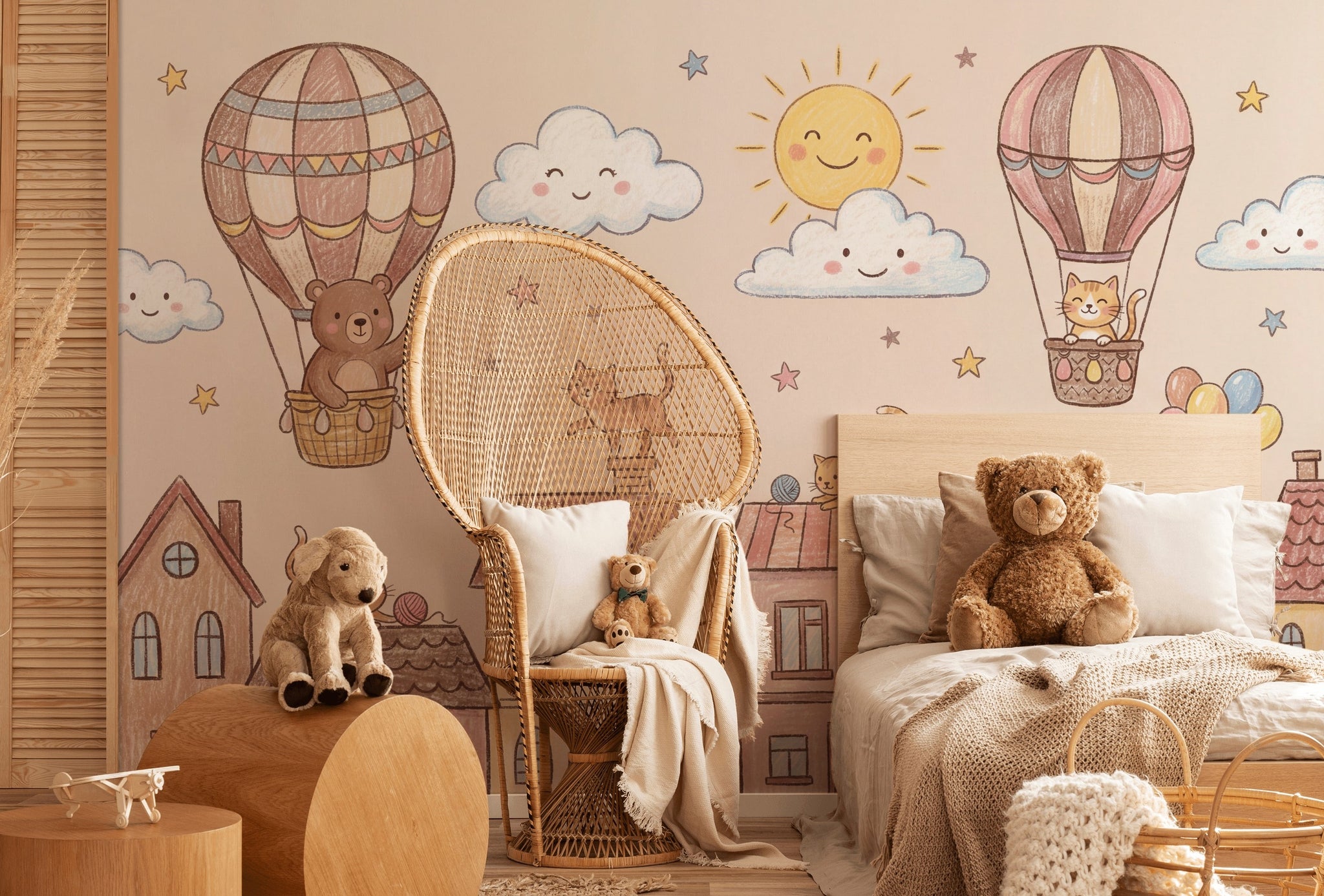 Kids Wallpaper Cute Town Removable Hot Air Balloons Wall Decor