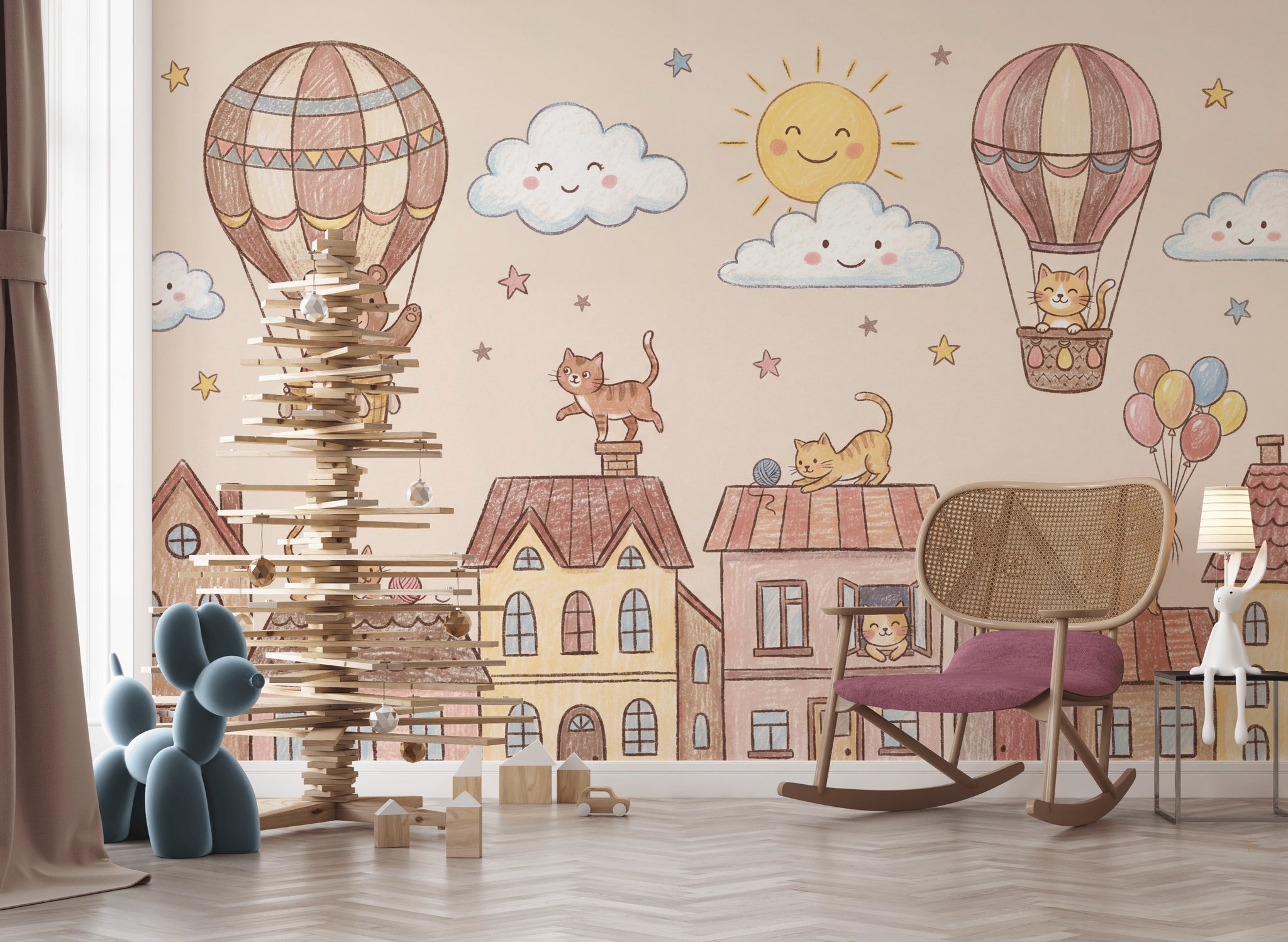 Kids Wallpaper Cute Town Removable Hot Air Balloons Wall Decor