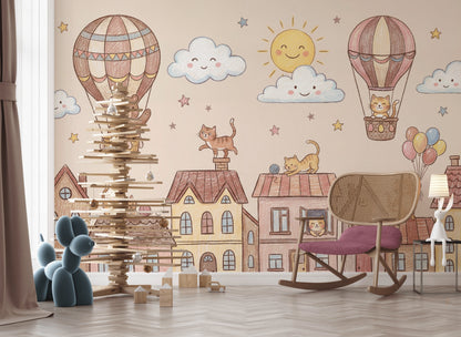 Kids Wallpaper Cute Town Removable Hot Air Balloons Wall Decor