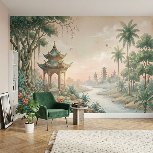 Asian Landscape Wallpaper Pagoda Pavilion Removable Wall Decor