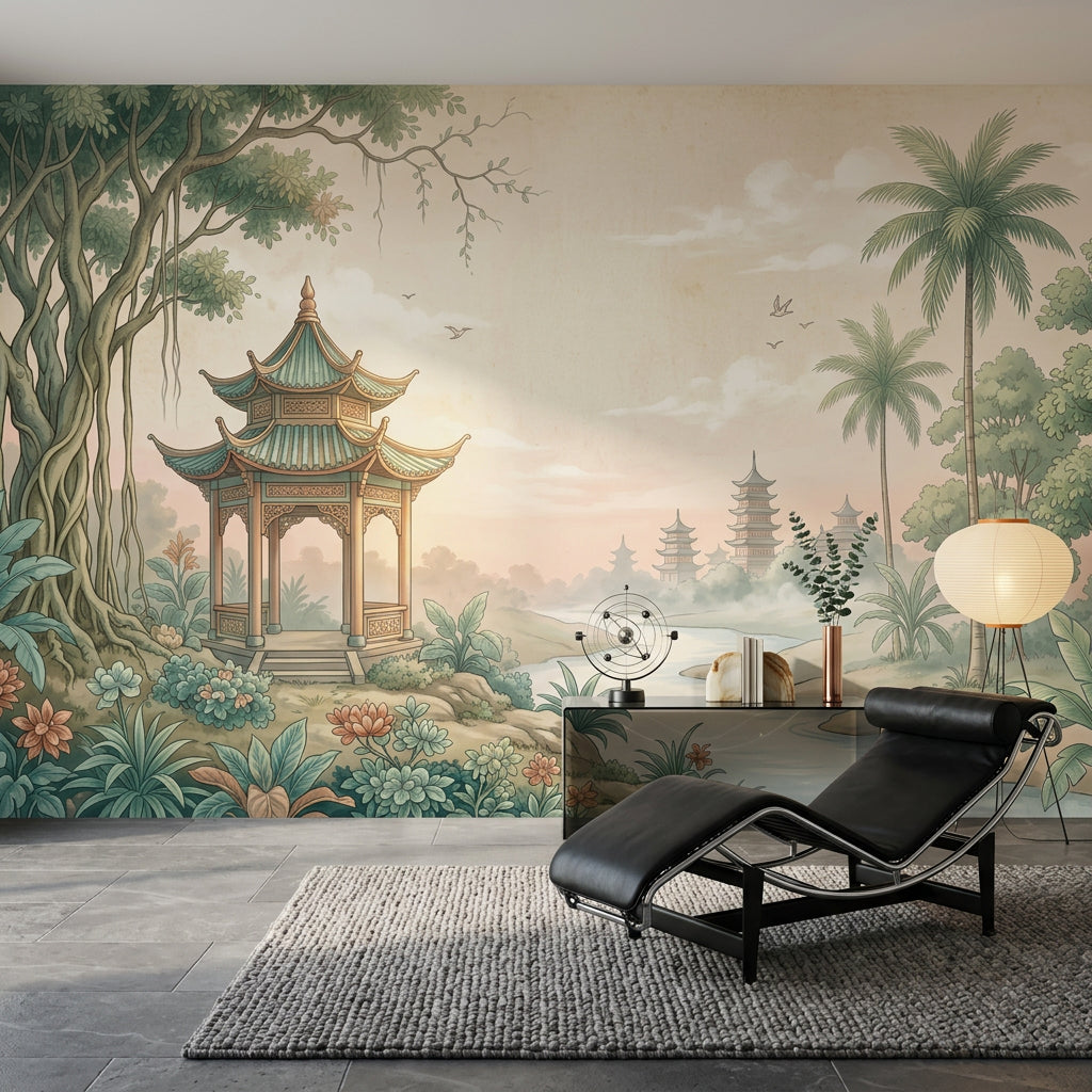 Asian Landscape Wallpaper Pagoda Pavilion Removable Wall Decor