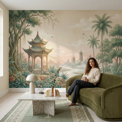 Asian Landscape Wallpaper Pagoda Pavilion Removable Wall Decor