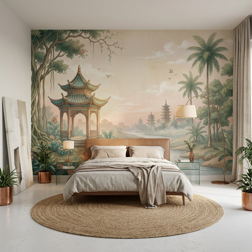Asian Landscape Wallpaper Pagoda Pavilion Removable Wall Decor