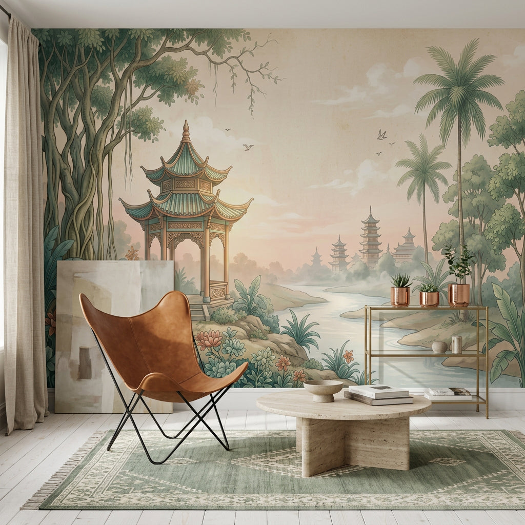 Asian Landscape Wallpaper Pagoda Pavilion Removable Wall Decor