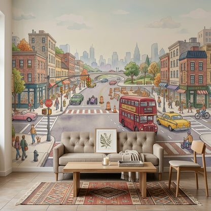 Street Intersection Wallpaper Cityscape Removable Shops And Cafes Wall Decor