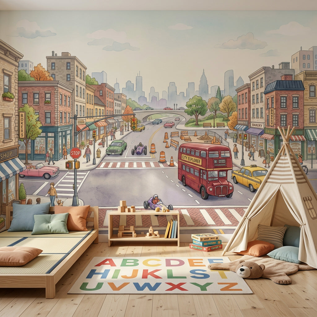 Street Intersection Wallpaper Cityscape Removable Shops And Cafes Wall Decor