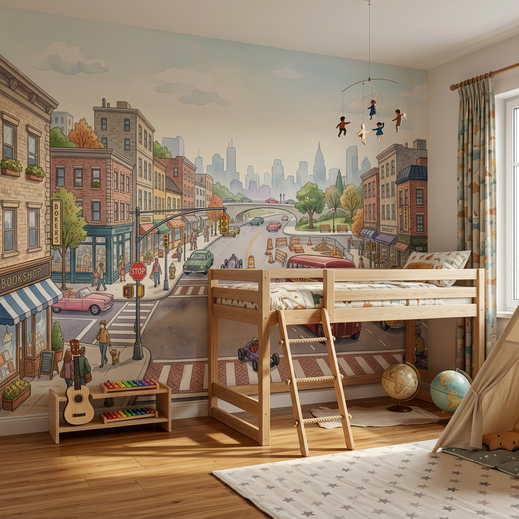 Street Intersection Wallpaper Cityscape Removable Shops And Cafes Wall Decor