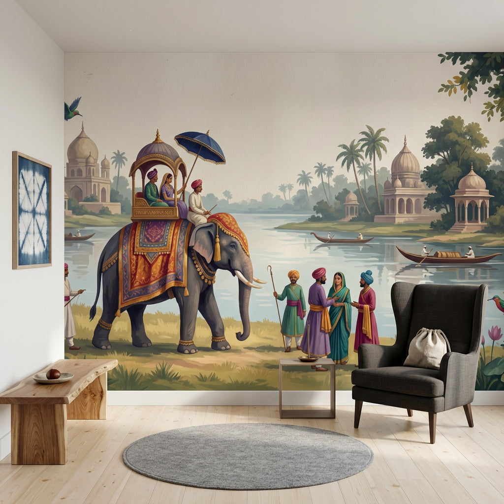 Elephant Procession Wallpaper Indian Landscape Palace Domes Wall Mural