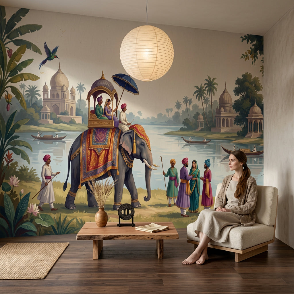 Elephant Procession Wallpaper Indian Landscape Palace Domes Wall Mural