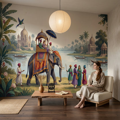 Elephant Procession Wallpaper Indian Landscape Palace Domes Wall Mural