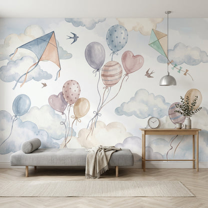 White Background Wallpaper Nursery Sky Pastel Clouds Wall Mural