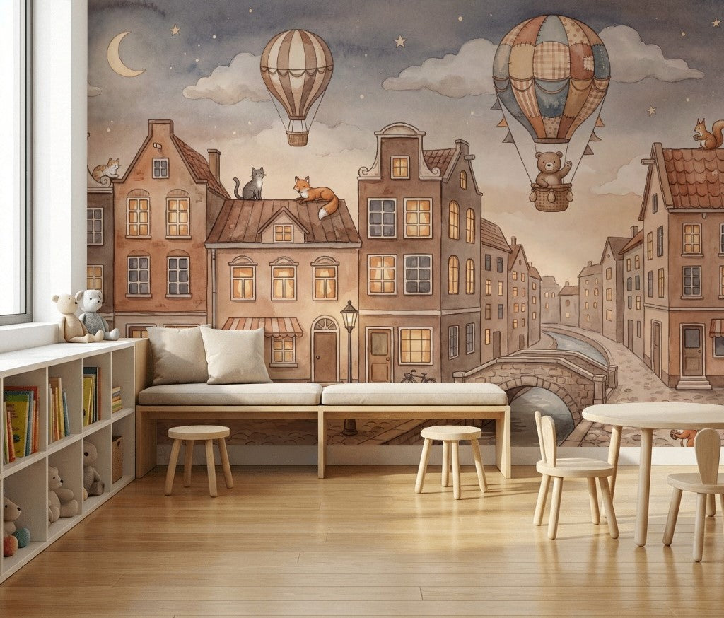 European Canal Town Wallpaper Watercolor Illustration Hot Air Balloons Removable Wall Decor