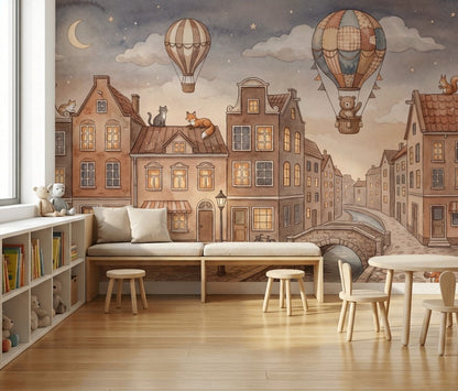 European Canal Town Wallpaper Watercolor Illustration Hot Air Balloons Removable Wall Decor