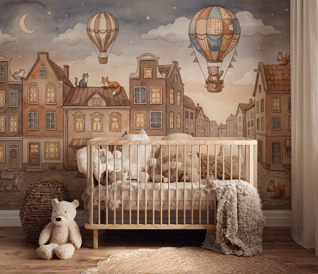 European Canal Town Wallpaper Watercolor Illustration Hot Air Balloons Removable Wall Decor