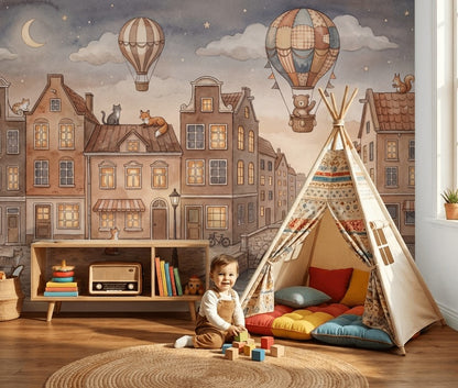 European Canal Town Wallpaper Watercolor Illustration Hot Air Balloons Removable Wall Decor
