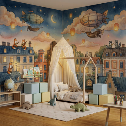 Whimsical Cityscape Wallpaper Dark Night Sky Watercolor Illustration Removable Wall Decor