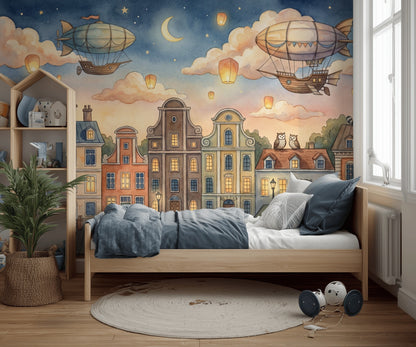 Whimsical Cityscape Wallpaper Dark Night Sky Watercolor Illustration Removable Wall Decor