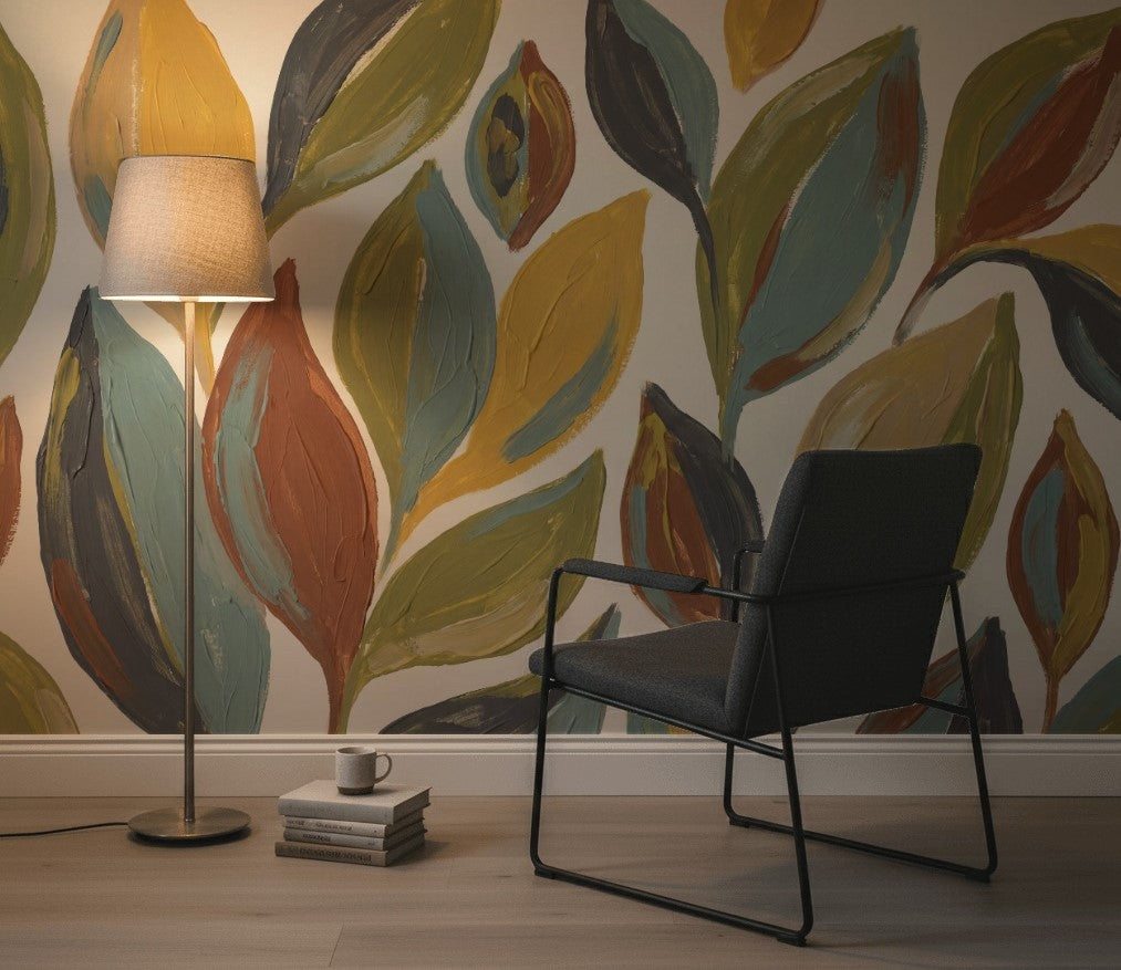 Botanical Leaves Wallpaper Abstract Floral Hand Painted Wall Mural