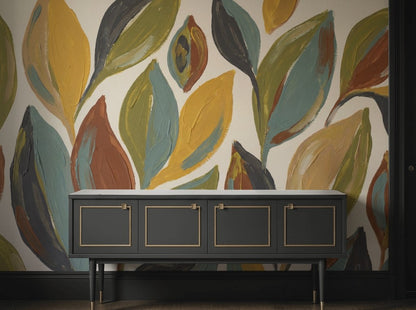 Botanical Leaves Wallpaper Abstract Floral Hand Painted Wall Mural