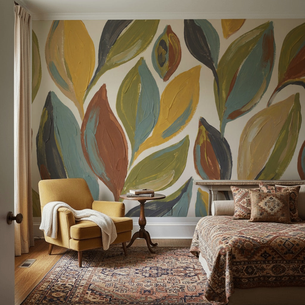 Botanical Leaves Wallpaper Abstract Floral Hand Painted Wall Mural