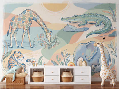 Pastel Safari Animals Wallpaper Giraffe Illustration Crocodile On Rock Wall Mural