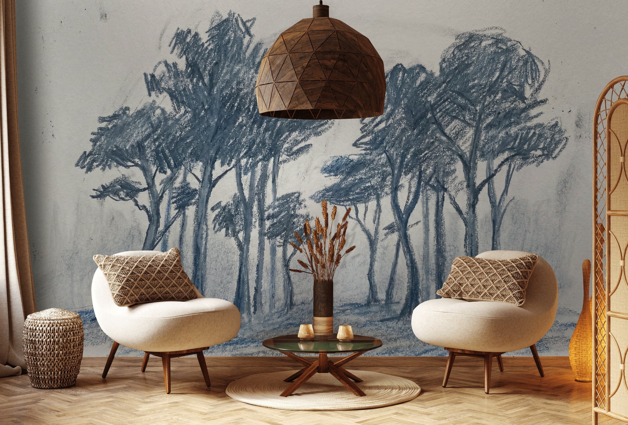 Tree Grove Wallpaper Sketch Blue Gray Wall Mural