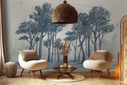 Tree Grove Wallpaper Sketch Blue Gray Wall Mural
