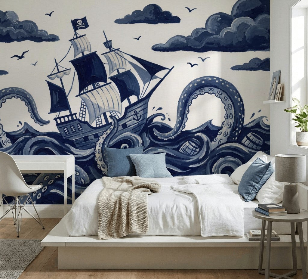 Pirate Ship Wallpaper Dark Nautical Removable Kraken Octopus Tentacles Wall Decor