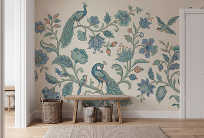 Peacock Wallpaper Blue Floral Removable Botanical Vines Wall Decor
