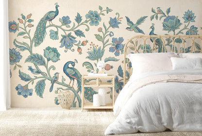 Peacock Wallpaper Blue Floral Removable Botanical Vines Wall Decor