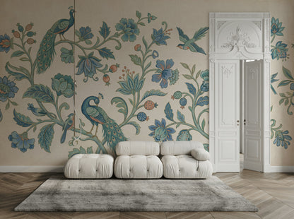 Peacock Wallpaper Blue Floral Removable Botanical Vines Wall Decor