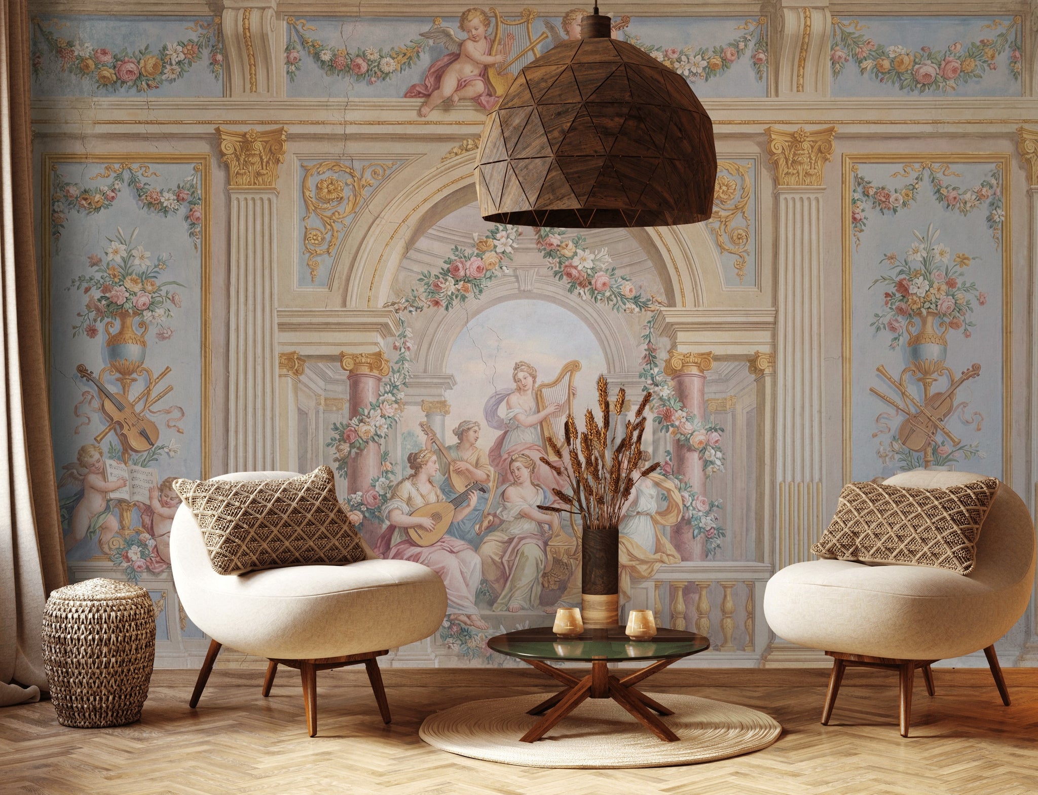 Classical Fresco Wallpaper Floral Garlands Cherubs Removable Wall Decor