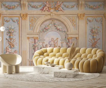 Classical Fresco Wallpaper Floral Garlands Cherubs Removable Wall Decor