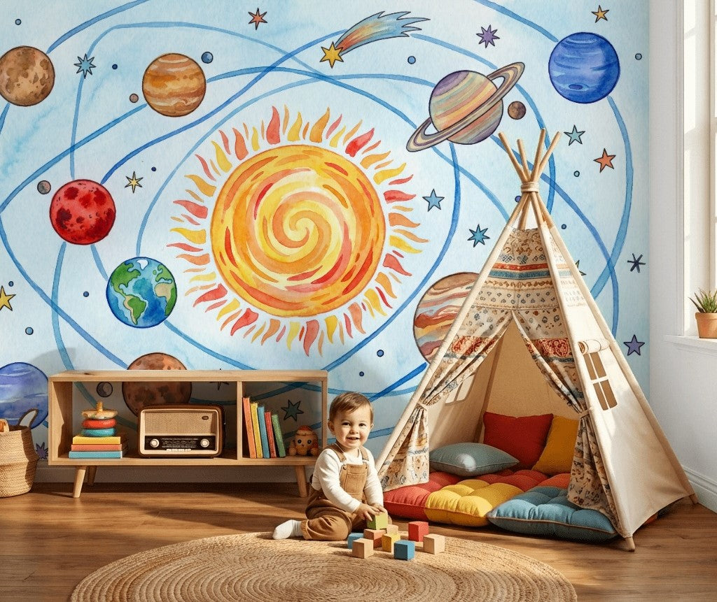 Solar System Wallpaper Planets Watercolor Removable Wall Decor