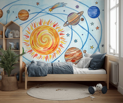 Solar System Wallpaper Planets Watercolor Removable Wall Decor