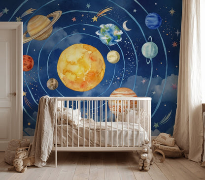 Solar System Wallpaper Dark Navy Watercolor Wall Mural