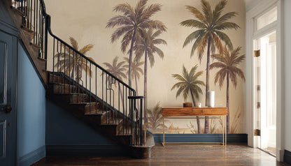 Tropical Palms Wallpaper Coastal Landscape Watercolor Wash Wall Mural