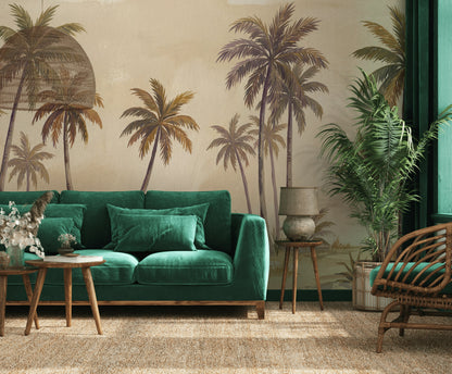 Tropical Palms Wallpaper Coastal Landscape Watercolor Wash Wall Mural