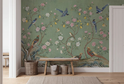Chinoiserie Wallpaper Lemon Tree Removable Birds Wall Decor