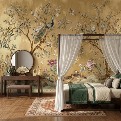 Chinoiserie Wallpaper Gold Background Oriental Garden Removable Wall Decor