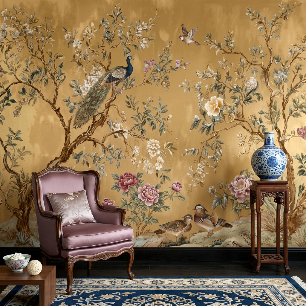 Chinoiserie Wallpaper Gold Background Oriental Garden Removable Wall Decor