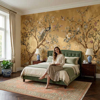 Chinoiserie Wallpaper Gold Background Oriental Garden Removable Wall Decor