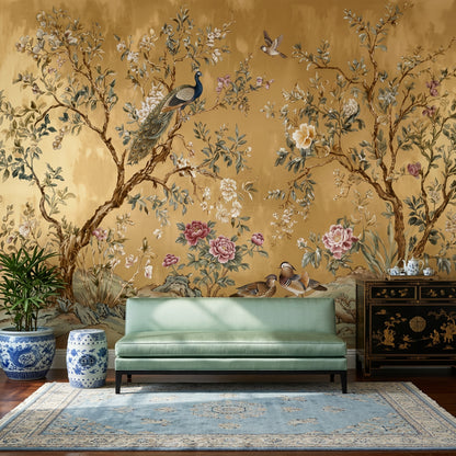 Chinoiserie Wallpaper Gold Background Oriental Garden Removable Wall Decor