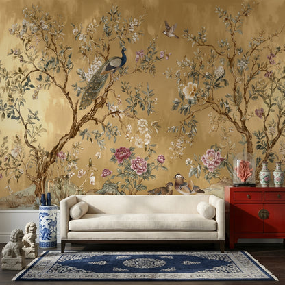 Chinoiserie Wallpaper Gold Background Oriental Garden Removable Wall Decor