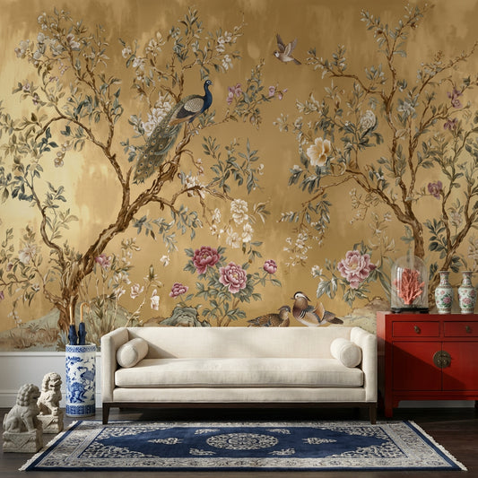 Chinoiserie Wallpaper Gold Background Oriental Garden Removable Wall Decor