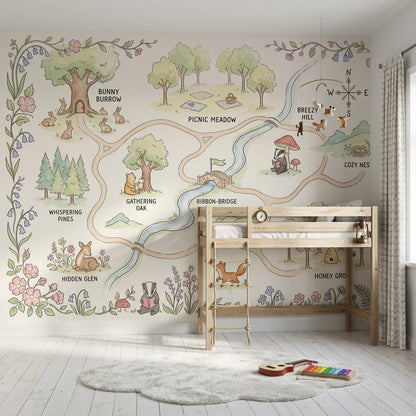 Whimsical Woodland Map Wallpaper Storybook Illustration Pastel Watercolor Wall Mural