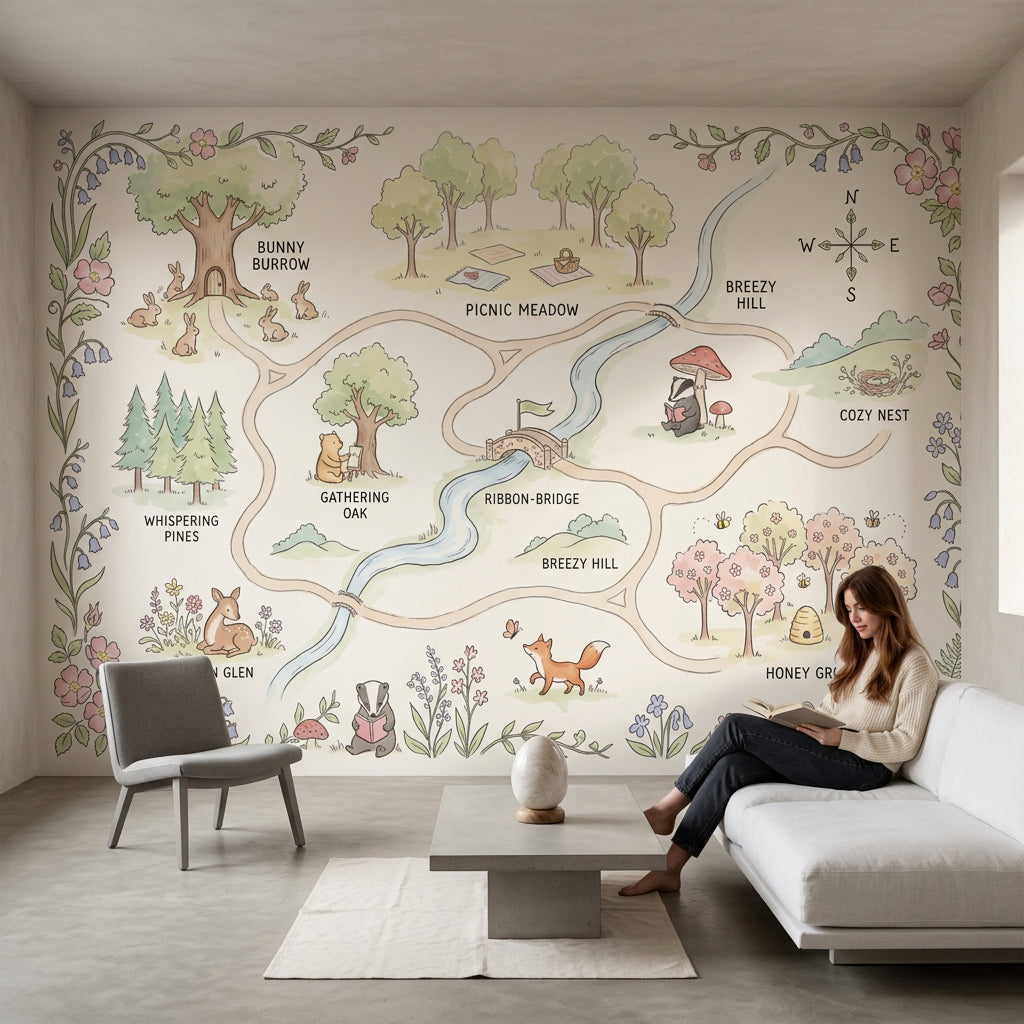 Whimsical Woodland Map Wallpaper Storybook Illustration Pastel Watercolor Wall Mural
